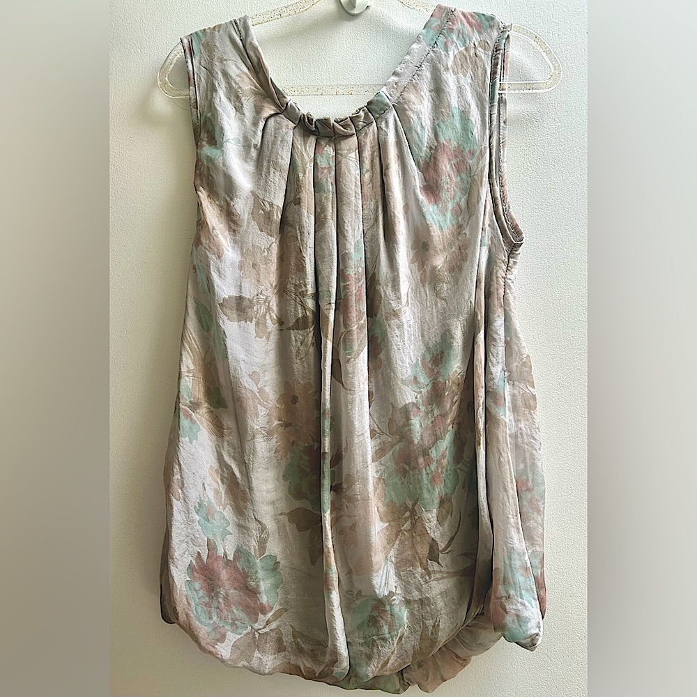 Vintage Silk Ruched Floral Pastel Sleeveless Blouse